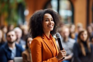 a business lady narrating successful entrepreneurship stories