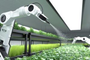 an AI tool showcasing tech for sustainability in a farm spraying fertilizer